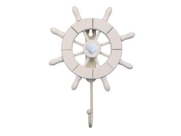 White Decorative Ship Wheel with Seashell and Hook 8"
