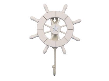 White Decorative Ship Wheel with Starfish and Hook 8"
