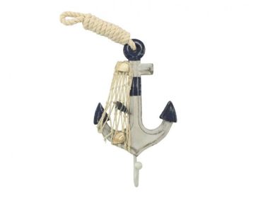 Wooden Rustic Decorative Blue and White Anchor with Hook 7"