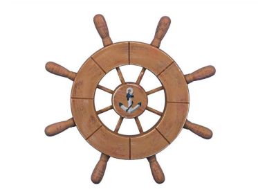 Rustic Wood Finish Decorative Ship Wheel With Anchor 9""