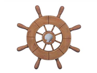 Rustic Wood Finish Decorative Ship Wheel With Seashell 9""