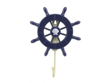 Dark Blue Decorative Ship Wheel with Seashell and Hook 8"