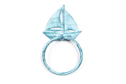 Rustic Dark Blue Whitewashed Cast Iron Sailboat Towel Holder 8""