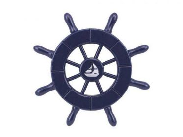 Dark Blue Decorative Ship Wheel With Sailboat 6"