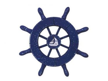 Rustic Dark Blue Decorative Ship Wheel With Sailboat 6"