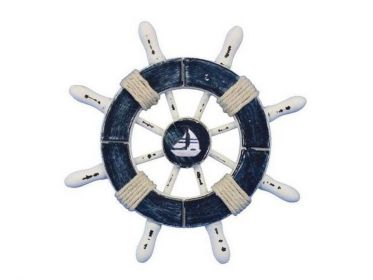 Rustic Dark Blue and White Decorative Ship Wheel With Sailboat 6"
