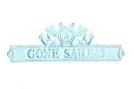 Dark Blue Whitewashed Cast Iron Gone Sailing Sign with Ship Wheel and Anchors 9""