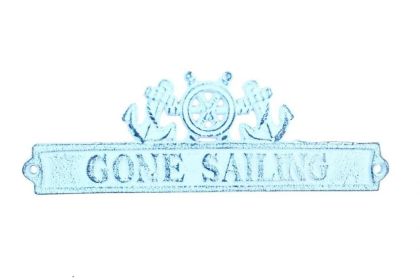 Dark Blue Whitewashed Cast Iron Gone Sailing Sign with Ship Wheel and Anchors 9""