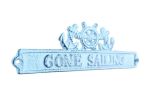 Dark Blue Whitewashed Cast Iron Gone Sailing Sign with Ship Wheel and Anchors 9""