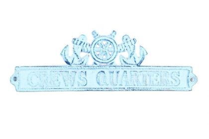 Dark Blue Whitewashed Cast Iron Crews Quarters Sign with Ship Wheel and Anchors 9"