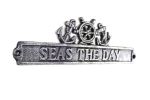 Antique Silver Cast Iron Seas the Day Sign with Ship Wheel and Anchors 9""