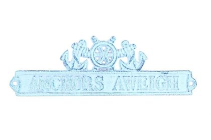 Dark Blue Whitewashed Cast Iron Anchors Aweigh Sign with Ship Wheel and Anchors 9""