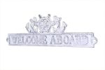 Whitewashed Cast Iron Welcome Aboard Sign with Ship Wheel and Anchors 9""