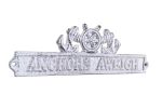 Whitewashed Cast Iron Anchors Aweigh Sign with Ship Wheel and Anchors 9""