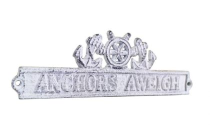 Whitewashed Cast Iron Anchors Aweigh Sign with Ship Wheel and Anchors 9""