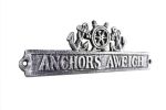 Antique Silver Cast Iron Anchors Aweigh Sign with Ship Wheel and Anchors 9""