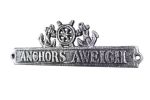 Antique Silver Cast Iron Anchors Aweigh Sign with Ship Wheel and Anchors 9""
