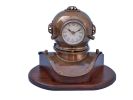 Antique Brass Decorative Divers Helmet Clock on Rosewood Base 12""