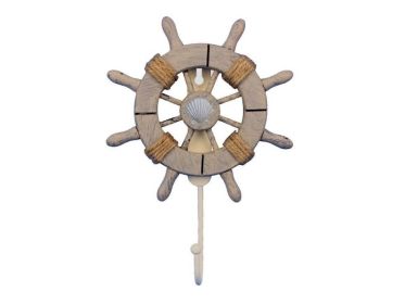 Rustic Decorative Ship Wheel With Seashell and Hook 8"