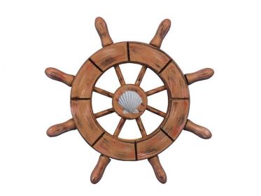 Rustic Wood Finish Decorative Ship Wheel With Seashell  6""