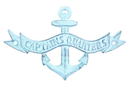 Dark Blue Whitewashed Cast Iron Anchor Captains Quarters Sign 8"