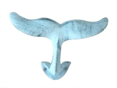Rustic Dark Blue Whitewashed Cast Iron Decorative Whale Tail Hook 5""