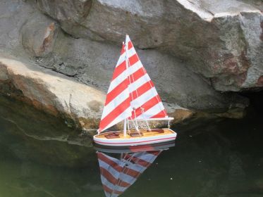Wooden It Floats 12"" - Rustic Red Striped Floating Sailboat Model