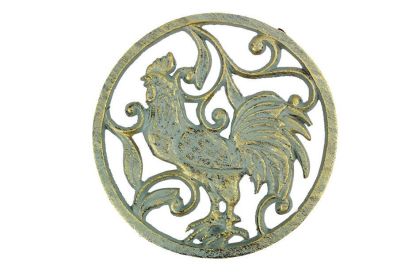 Antique Seaworn Bronze Cast Iron Rooster Trivet 8""