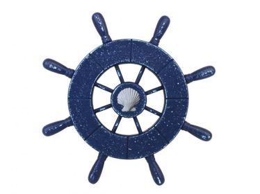 Rustic All Dark Blue Decorative Ship Wheel With Seashell 9""