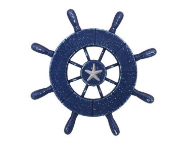 Rustic All Dark Blue Decorative Ship Wheel With Starfish 9""