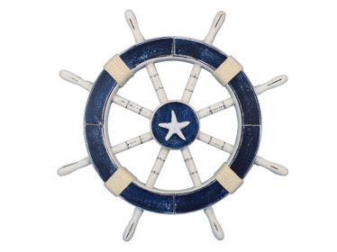 Rustic Dark Blue Decorative Ship Wheel with Starfish 18""