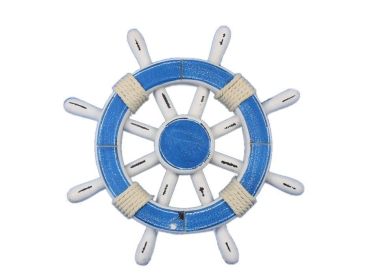 Rustic Light Blue and White Decorative Ship Wheel 12""
