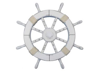 Rustic White Decorative Ship Wheel with Seashell 18""