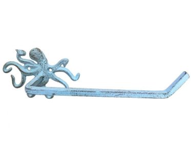 Rustic Light Blue Cast Iron Octopus Toilet Paper Holder 11"