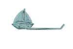 Rustic Dark Blue Whitewashed Cast Iron Sailboat Toilet Paper Holder 11""