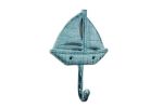 Rustic Dark Blue Whitewashed Cast Iron Sailboat Wall Hook 7""
