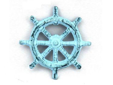 Dark Blue Whitewashed Cast Iron Ship Wheel Bottle Opener 3.75""