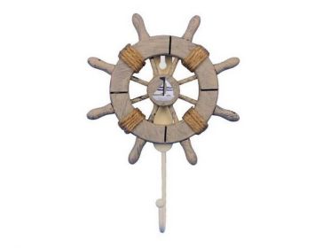 Rustic Decorative Ship Wheel With Sailboat and Hook 8"