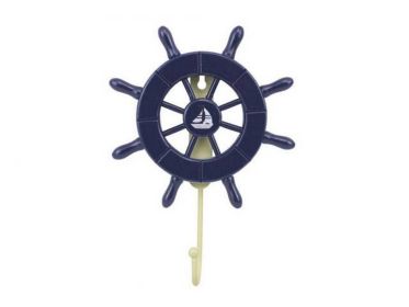 Dark Blue Decorative Ship Wheel with Sailboat and Hook 8"