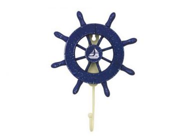 Rustic All Dark Blue Decorative Ship Wheel with Sailboat and Hook 8"