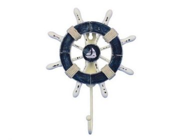 Rustic Dark Blue and White Decorative Ship Wheel With Sailboat and Hook 8"