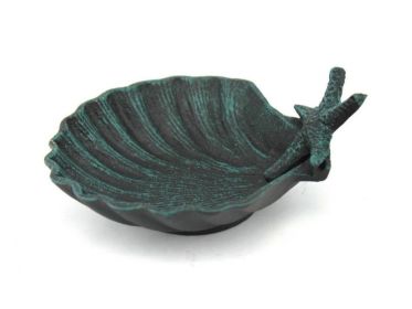 Seaworn Blue Cast Iron Shell With Starfish Decorative Bowl 6""