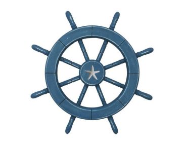 Rustic All Light Blue Decorative Ship Wheel With Starfish 18""
