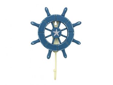 Rustic All Light Blue Decorative Ship Wheel with Starfish and Hook 8"