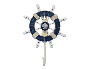 Rustic Dark Blue and White Decorative Ship Wheel with Seashell and Hook 8"