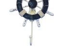 Rustic Dark Blue and White Decorative Ship Wheel with Hook 8"