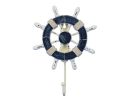 Rustic Dark Blue and White Decorative Ship Wheel with Hook 8"