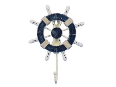 Rustic Dark Blue and White Decorative Ship Wheel with Hook 8"