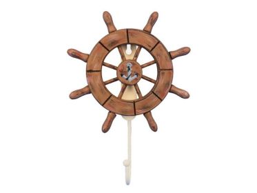 Rustic Wood Finish Decorative Ship Wheel with Anchor and Hook 8"