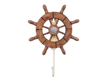 Rustic Wood Finish Decorative Ship Wheel with Seashell and Hook 8"